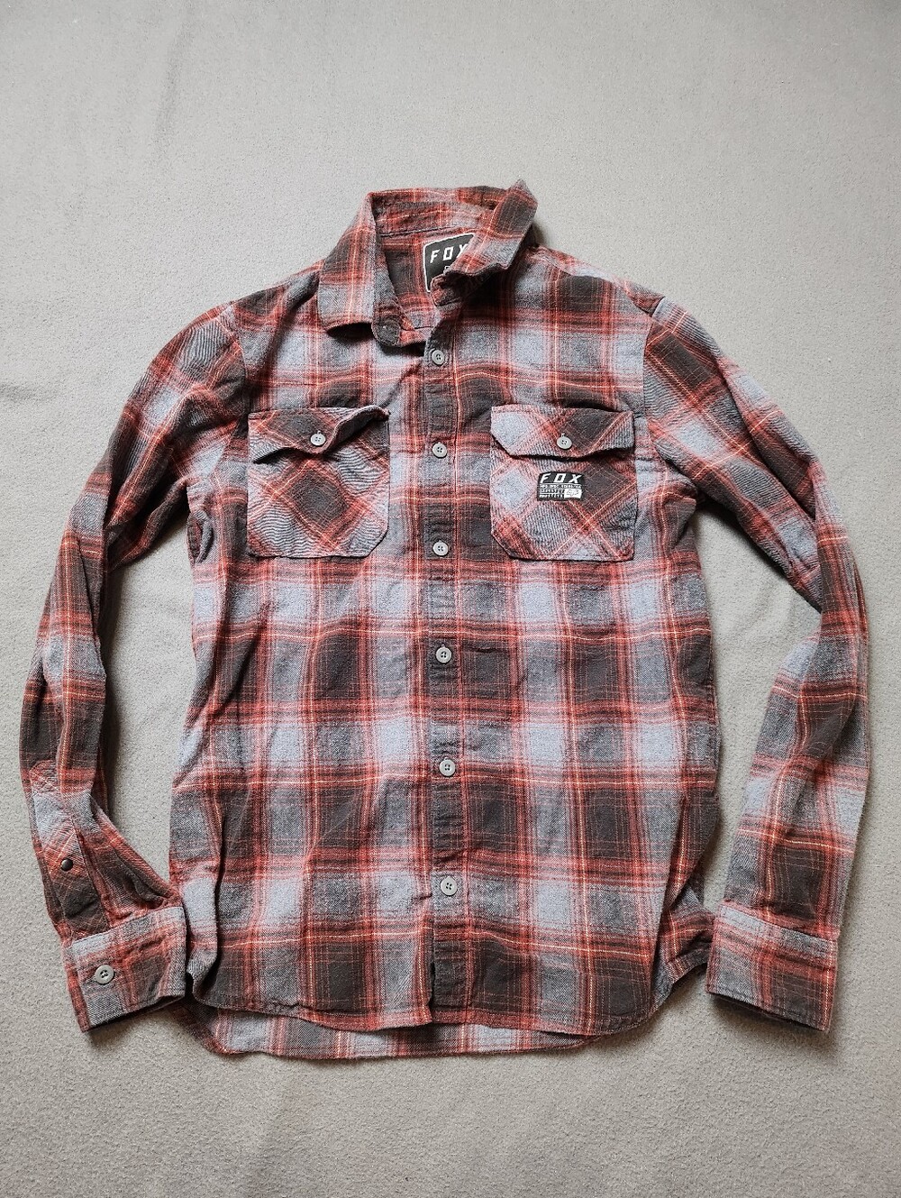 FOX Traildust Grey Red Plaid Flannel Button Shirt